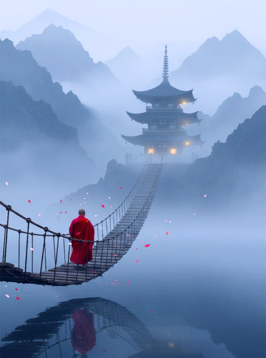 Der Weg zum Ziel - Hängebrücke mit buddhistischem Mönch und Tempel - CALVENDO Foto-Puzzle'