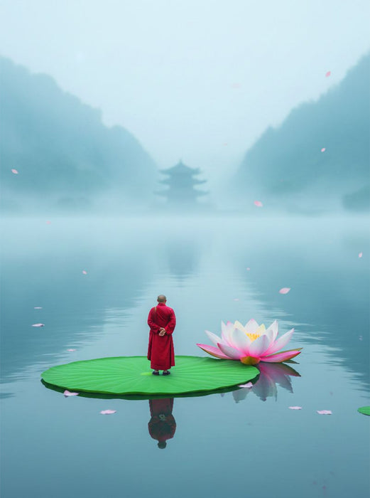 Mönch auf einem Lotosblumenblatt auf einem See - CALVENDO Foto-Puzzle'