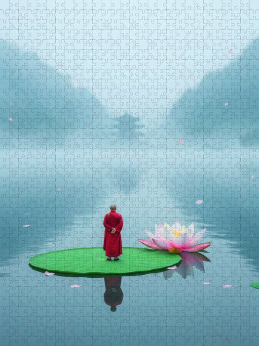 Mönch auf einem Lotosblumenblatt auf einem See - CALVENDO Foto-Puzzle'