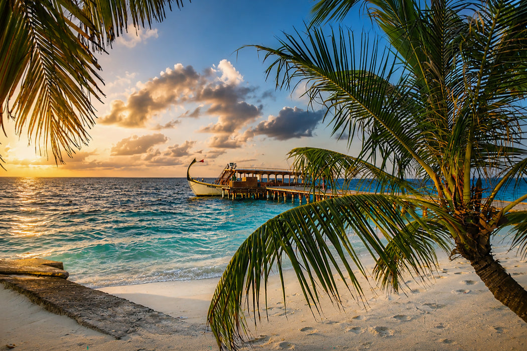 Premium Textil-Leinwand Sonnenuntergang am Malediven-Strand mit traditionellem Dhoni-Boot und Palmen
