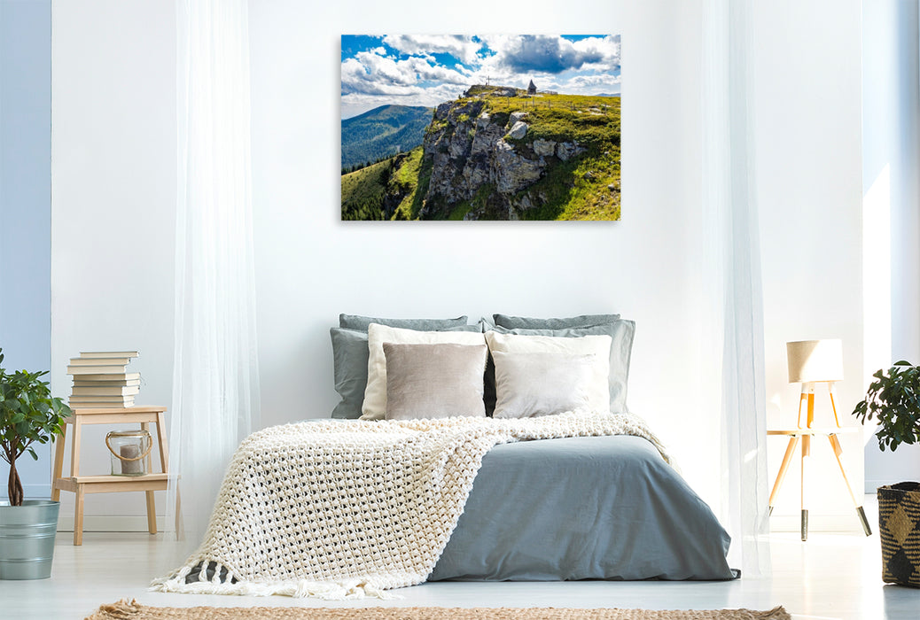 Premium Textil-Leinwand Gipfelkreuz und Kapelle auf der Frauenalpe