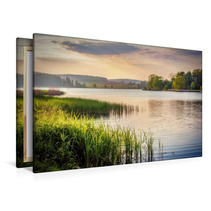 Premium Textil-Leinwand Wo Wasser zur Ruhe kommt und Gedanken frei werden.