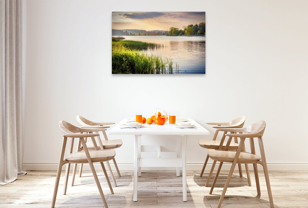 Premium Textil-Leinwand Wo Wasser zur Ruhe kommt und Gedanken frei werden.