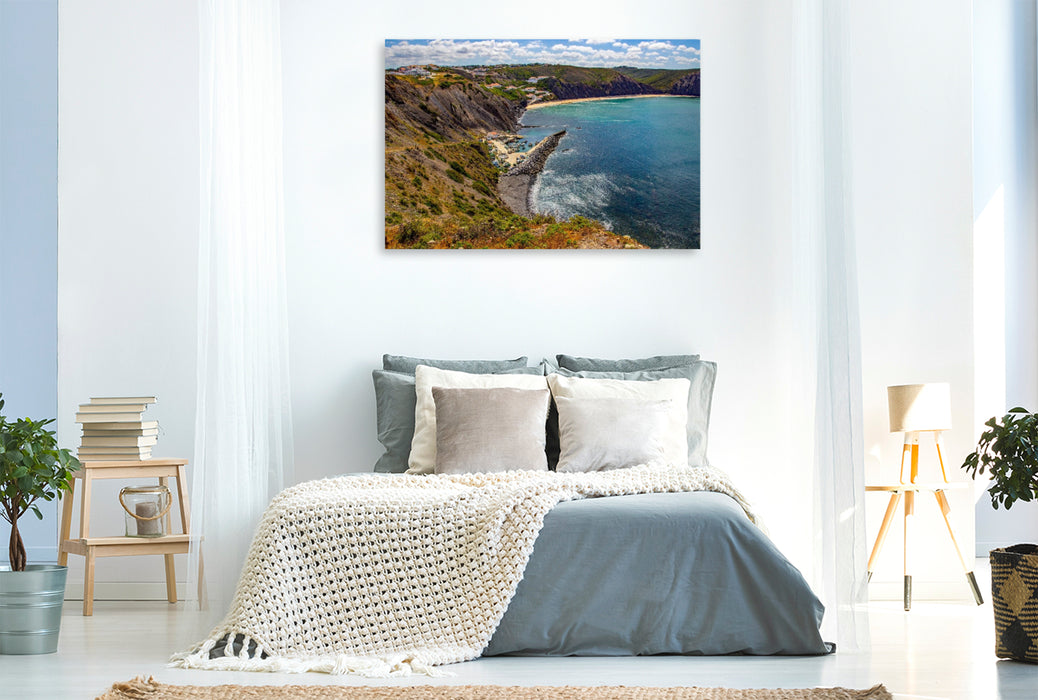 Premium Textil-Leinwand Der kleine Fischerhafen von Praia da Arrifana