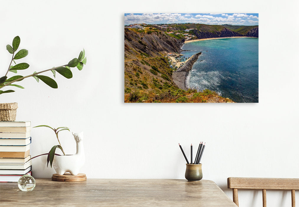 Premium Textil-Leinwand Der kleine Fischerhafen von Praia da Arrifana
