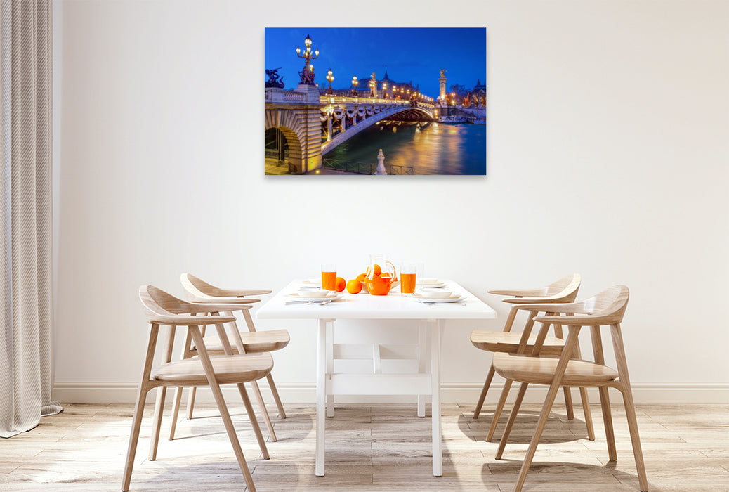 Premium Textil-Leinwand Seine-Brücke Pont Alexandre III zur blauen Stunde