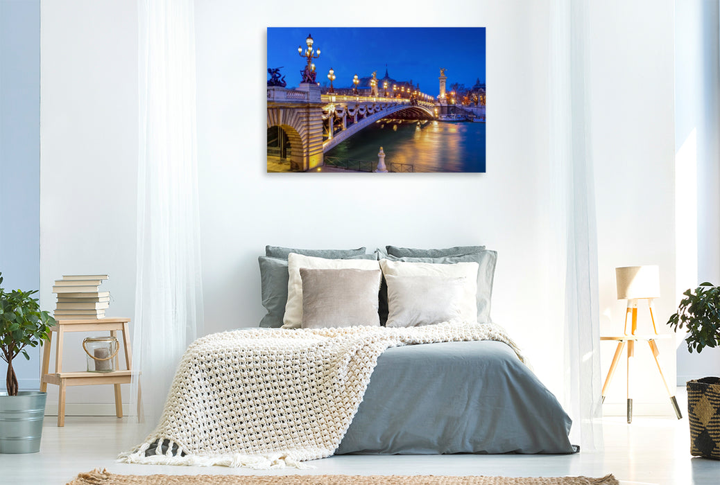 Premium Textil-Leinwand Seine-Brücke Pont Alexandre III zur blauen Stunde