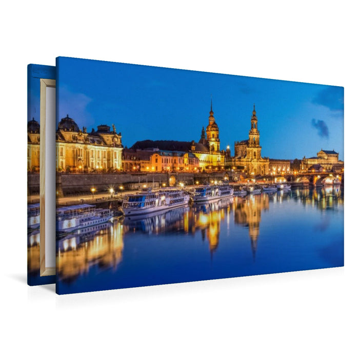Premium Textil-Leinwand Dresdener Elbufer zur blauen Stunde