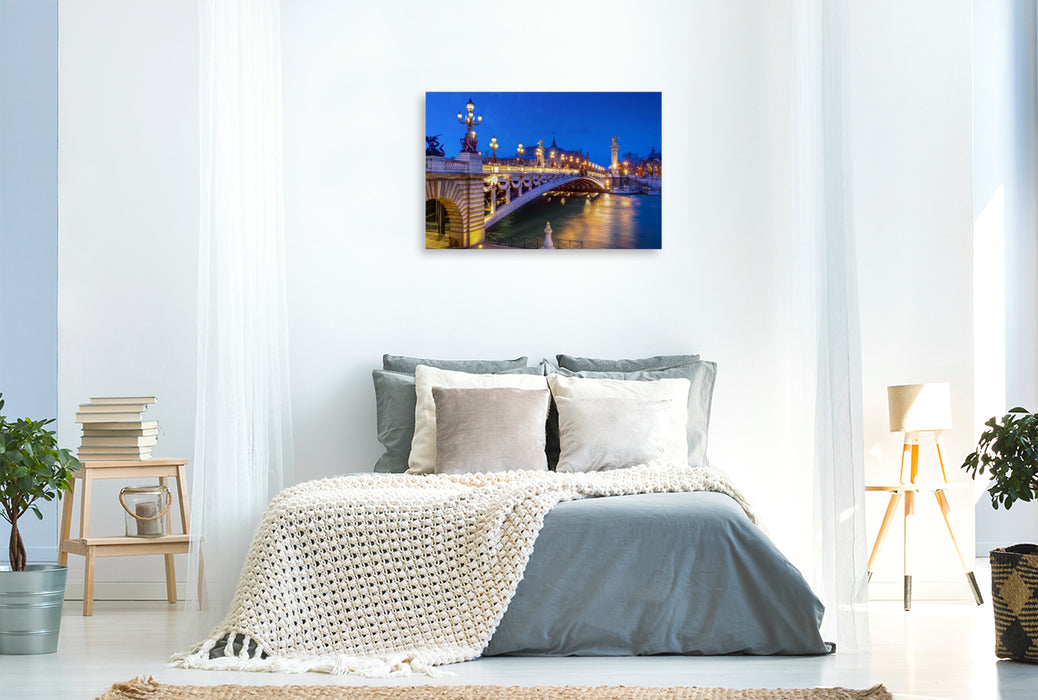 Premium Textil-Leinwand Seine-Brücke Pont Alexandre III zur blauen Stunde