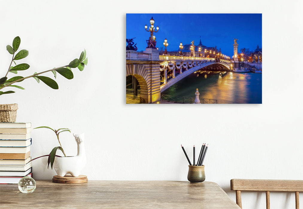 Premium Textil-Leinwand Seine-Brücke Pont Alexandre III zur blauen Stunde