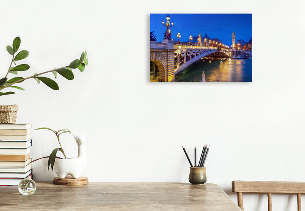 Premium Textil-Leinwand Seine-Brücke Pont Alexandre III zur blauen Stunde