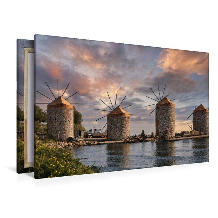 Premium Textil-Leinwand Windmühlen an der Küste von Tampakika auf Chios