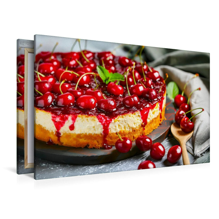 Premium Textil-Leinwand Kirschquarkkuchen mit ganzen Kirschen als köstliches Dessertmotiv für Genießer