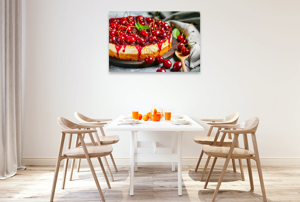 Premium Textil-Leinwand Kirschquarkkuchen mit ganzen Kirschen als köstliches Dessertmotiv für Genießer