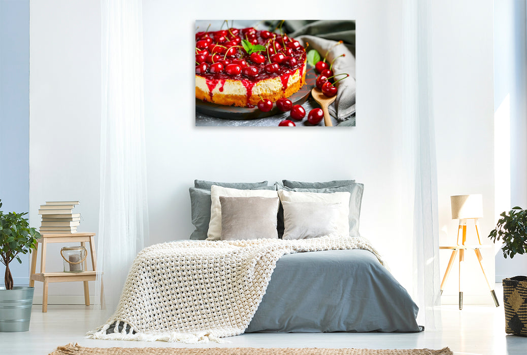 Premium Textil-Leinwand Kirschquarkkuchen mit ganzen Kirschen als köstliches Dessertmotiv für Genießer