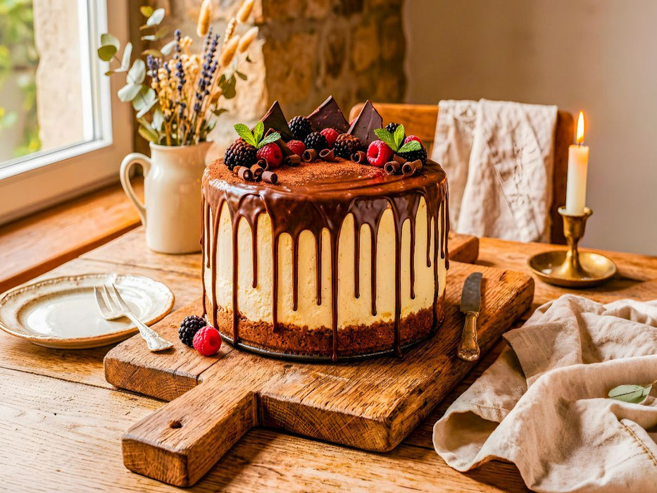 Käsekuchen mit Schokoladenguss und Waldbeeren als köstliches harmonisches Puzzlemotiv - CALVENDO Foto-Puzzle'