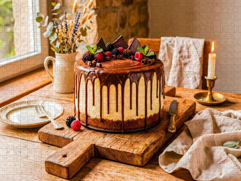 Käsekuchen mit Schokoladenguss und Waldbeeren als köstliches harmonisches Puzzlemotiv - CALVENDO Foto-Puzzle'