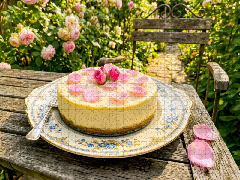 Käsetorte mit feinen Rosenblüten im romantischen blühenden Gartenmotiv Puzzle - CALVENDO Foto-Puzzle'
