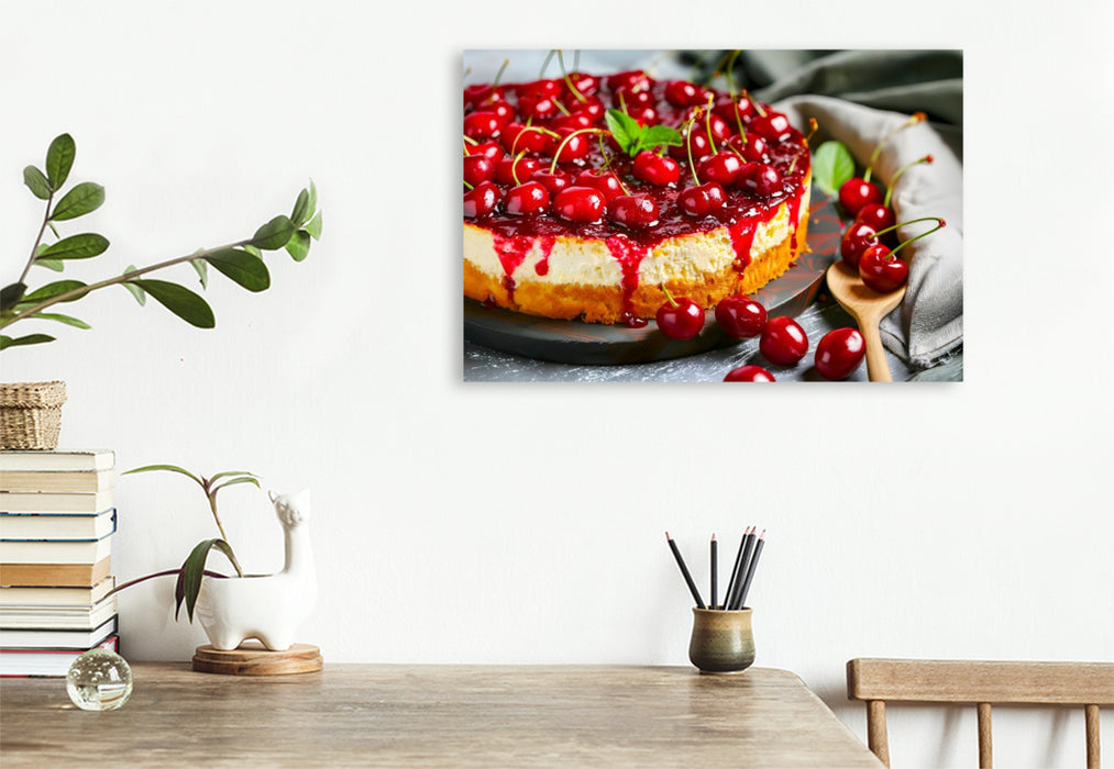Premium Textil-Leinwand Kirschquarkkuchen mit ganzen Kirschen als köstliches Dessertmotiv für Genießer