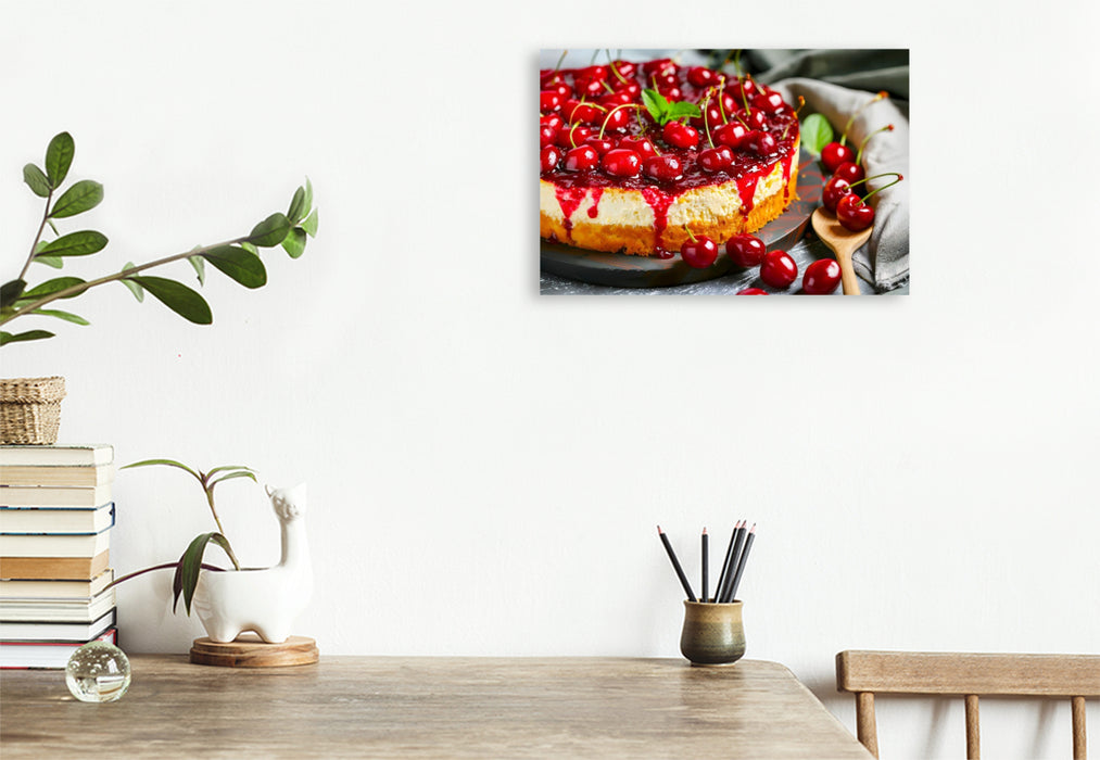 Premium Textil-Leinwand Kirschquarkkuchen mit ganzen Kirschen als köstliches Dessertmotiv für Genießer