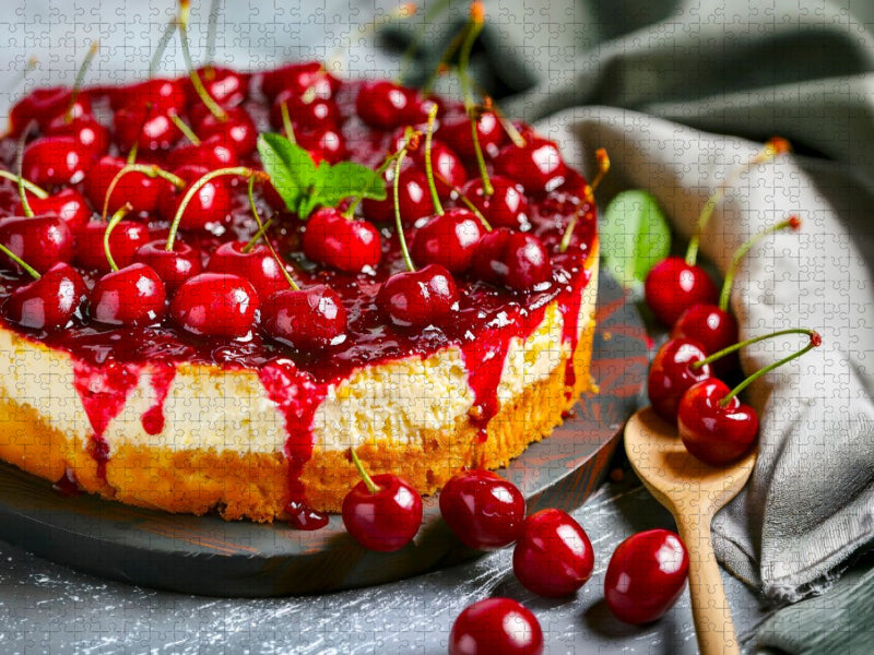 Kirschquarkkuchen mit ganzen Kirschen als köstliches Dessertmotiv für Genießer - CALVENDO Foto-Puzzle'