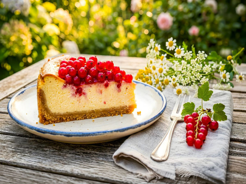 Käsekuchenstück mit roten Johannisbeeren auf sommerlichem Gartentisch als Puzzlemotiv - CALVENDO Foto-Puzzle'