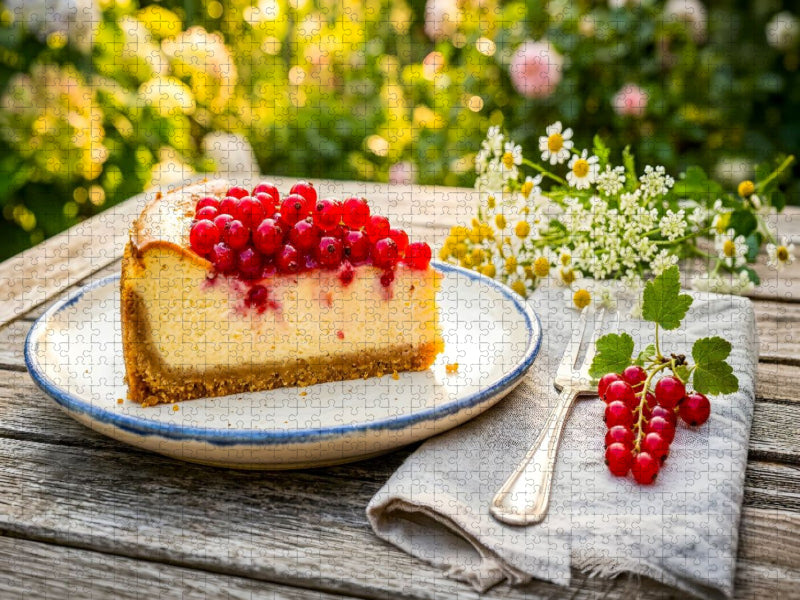 Käsekuchenstück mit roten Johannisbeeren auf sommerlichem Gartentisch als Puzzlemotiv - CALVENDO Foto-Puzzle'