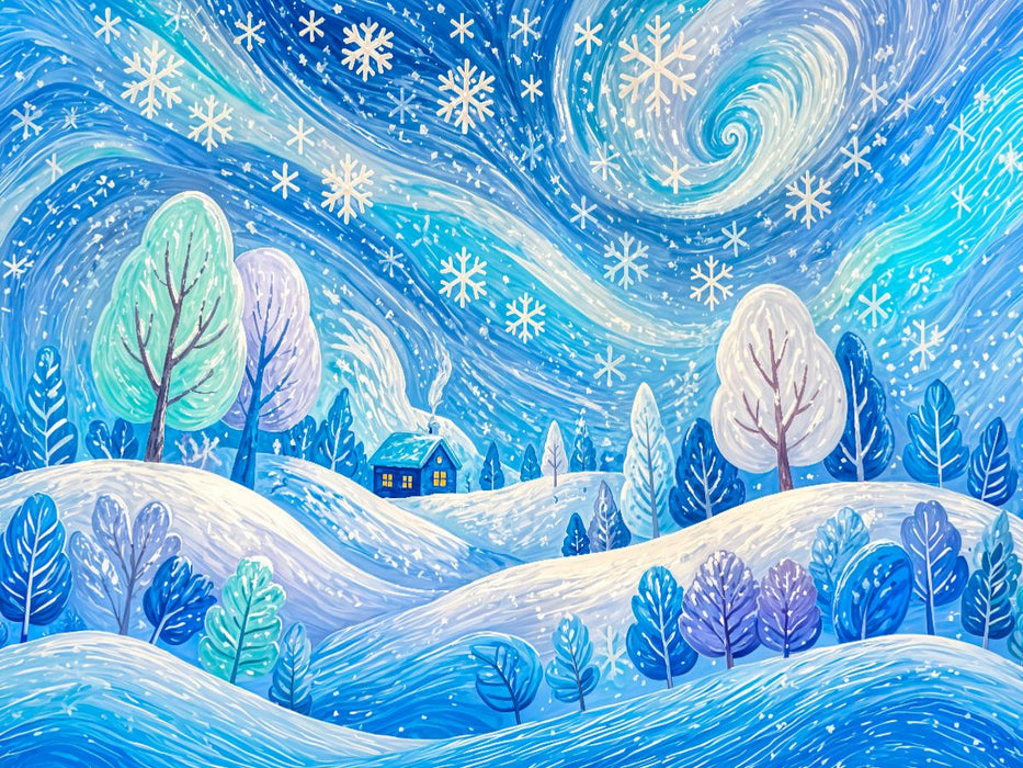 Puzzlespiel Schneesturmlandschaft mit Haus und Bäumen in windpoetischer Farbbewegung - CALVENDO Foto-Puzzle'
