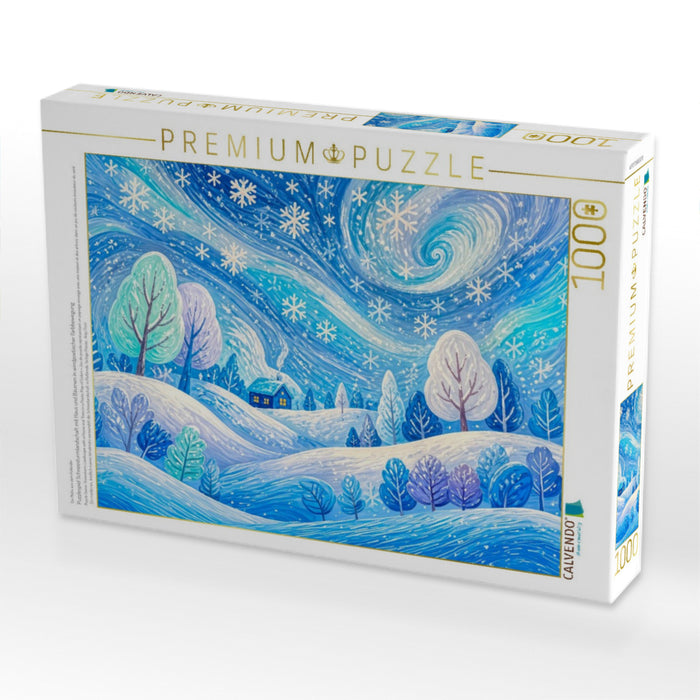 Puzzlespiel Schneesturmlandschaft mit Haus und Bäumen in windpoetischer Farbbewegung - CALVENDO Foto-Puzzle'