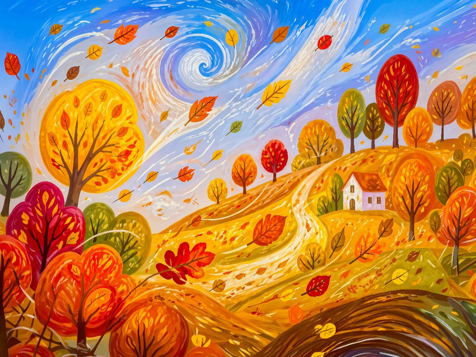 Puzzlespiel Herbststurm mit wehendem Laub und Haus in windpoetischer Hügel landschaft - CALVENDO Foto-Puzzle'