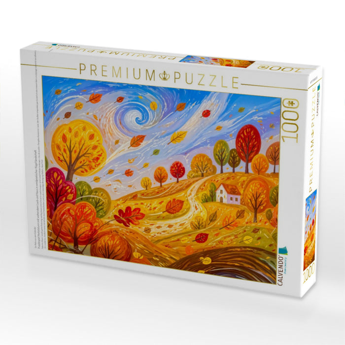 Puzzlespiel Herbststurm mit wehendem Laub und Haus in windpoetischer Hügel landschaft - CALVENDO Foto-Puzzle'