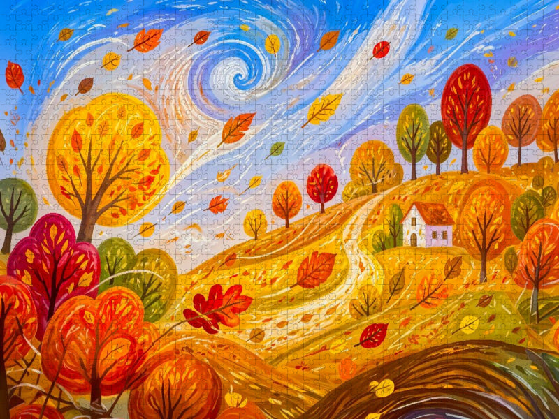 Puzzlespiel Herbststurm mit wehendem Laub und Haus in windpoetischer Hügel landschaft - CALVENDO Foto-Puzzle'