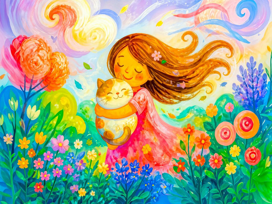 Puzzlespiel Mädchen mit Katze im Wind in moderner kindlicher Windpoesie - CALVENDO Foto-Puzzle'