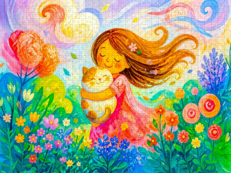 Puzzlespiel Mädchen mit Katze im Wind in moderner kindlicher Windpoesie - CALVENDO Foto-Puzzle'