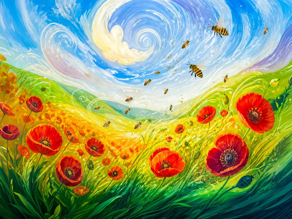 Puzzlespiel Mohnblumen und Bienen im windgetragenen Feld in kindlicher Windpoesie - CALVENDO Foto-Puzzle'