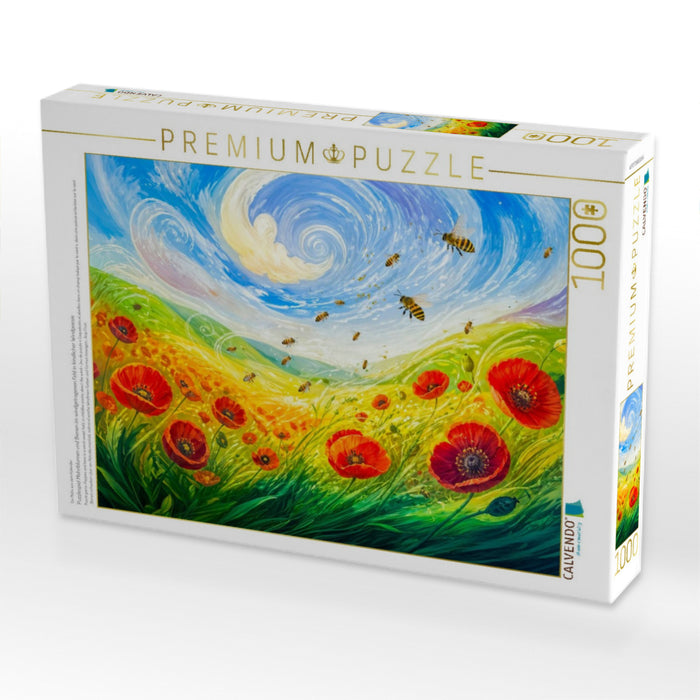 Puzzlespiel Mohnblumen und Bienen im windgetragenen Feld in kindlicher Windpoesie - CALVENDO Foto-Puzzle'