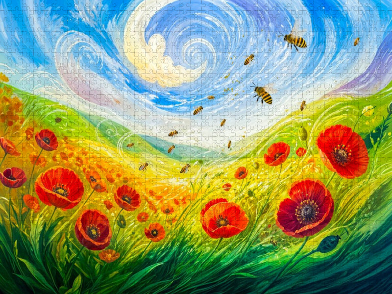 Puzzlespiel Mohnblumen und Bienen im windgetragenen Feld in kindlicher Windpoesie - CALVENDO Foto-Puzzle'