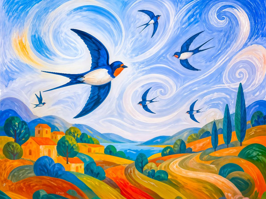 Puzzlespiel Schwalben im Wind über farbige Landschaft in kindlicher Windpoesie - CALVENDO Foto-Puzzle'