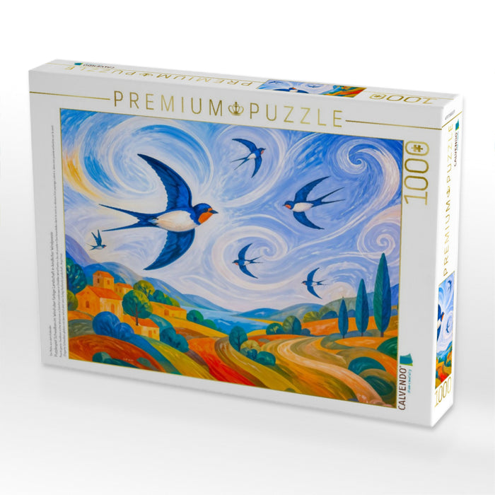 Puzzlespiel Schwalben im Wind über farbige Landschaft in kindlicher Windpoesie - CALVENDO Foto-Puzzle'