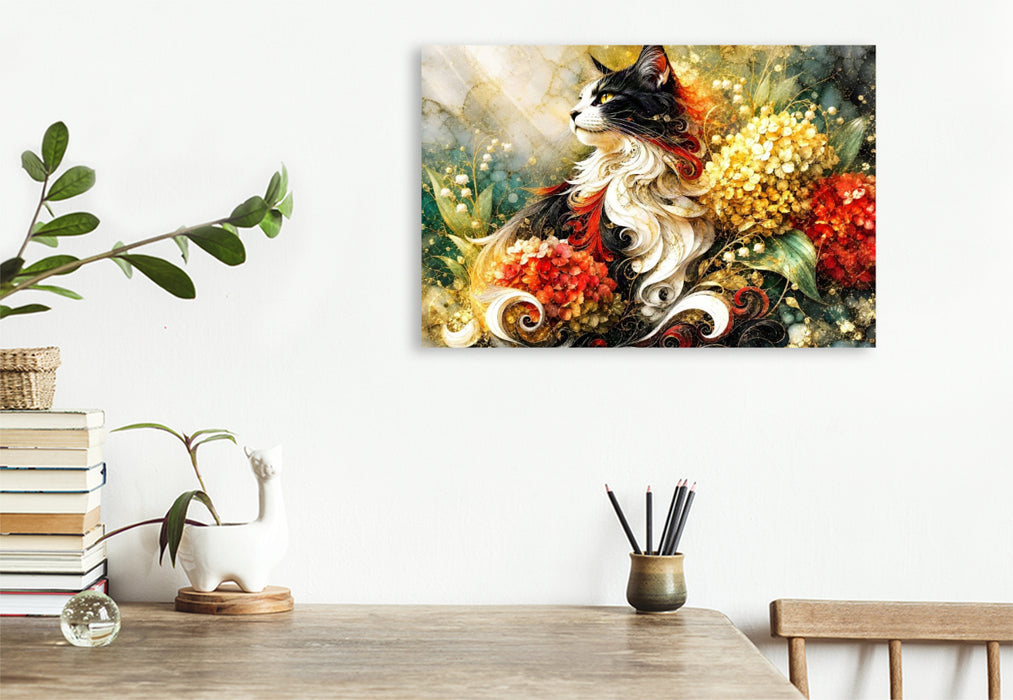 Premium Textil-Leinwand Katzenblick im Farbenschmuck