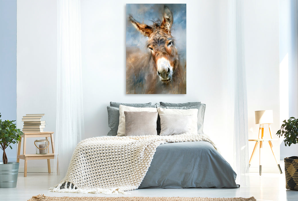 Premium Textil-Leinwand Esel, ein liebenswerter Blick und ein stiller Moment auf vier Hufen