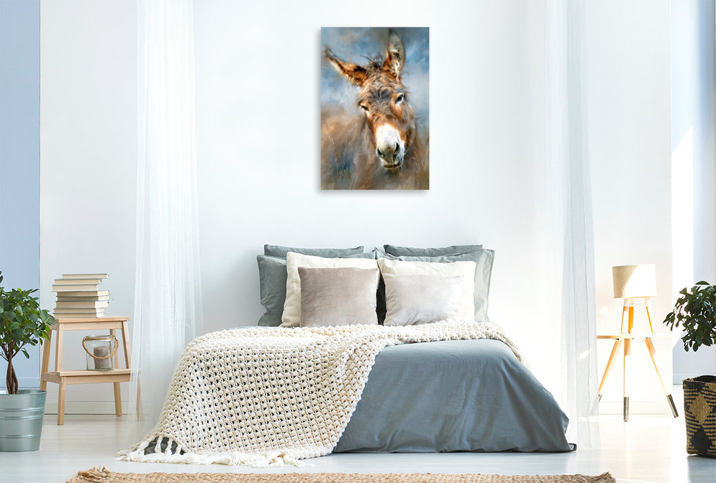 Premium Textil-Leinwand Esel, ein liebenswerter Blick und ein stiller Moment auf vier Hufen