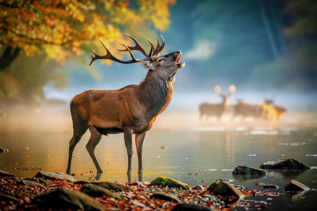 Premium Textil-Leinwand Wenn der Hirsch erscheint, hält der Wald den Atem an.