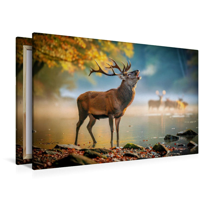 Premium Textil-Leinwand Wenn der Hirsch erscheint, hält der Wald den Atem an.