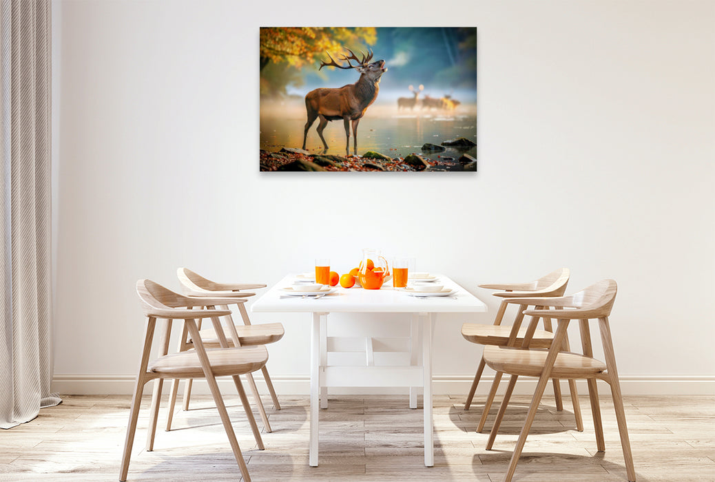 Premium Textil-Leinwand Wenn der Hirsch erscheint, hält der Wald den Atem an.