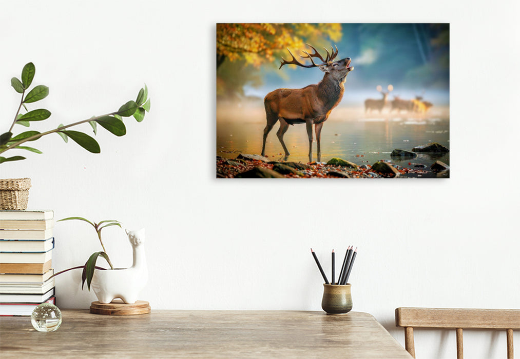 Premium Textil-Leinwand Wenn der Hirsch erscheint, hält der Wald den Atem an.