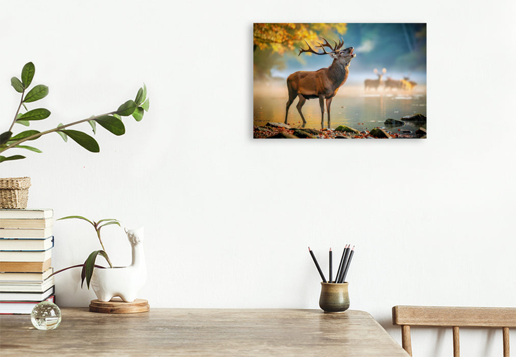Premium Textil-Leinwand Wenn der Hirsch erscheint, hält der Wald den Atem an.