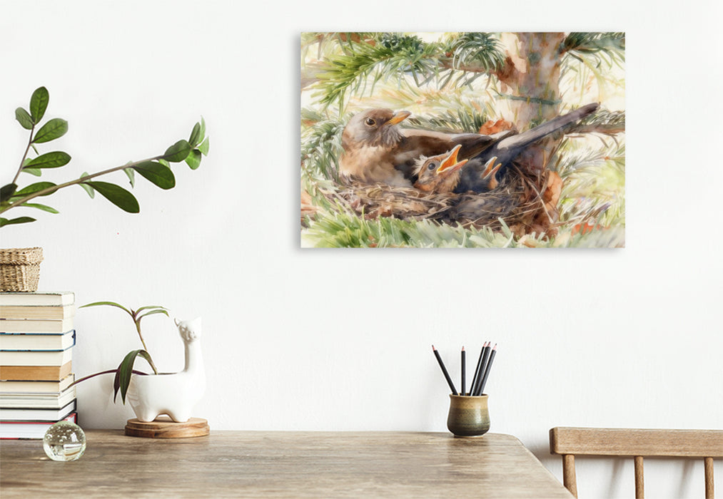 Premium Textil-Leinwand Amsel mit Nachwuchs
