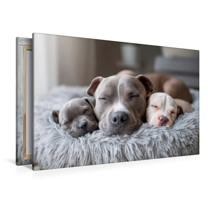 Premium Textil-Leinwand Pitbull - Familienglück