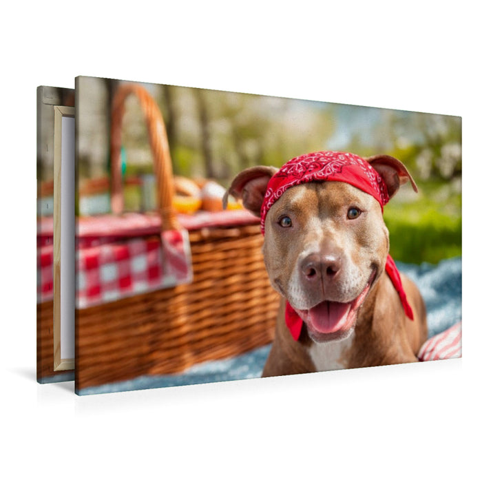 Premium Textil-Leinwand Pitbull - Bereit fürs Picknick